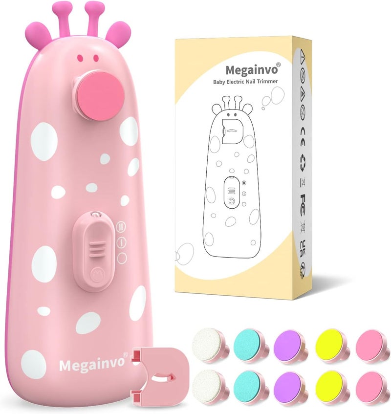 Megainvo مقص أظافر كهربائي للأطفال - ملف أظافر آمن مع ضوء و 10 رؤوس طحن - مجموعة العناية بأظافر الأطفال الهادئة للمواليد والرضع والأطفال الصغار، باللون الوردي - Image 1